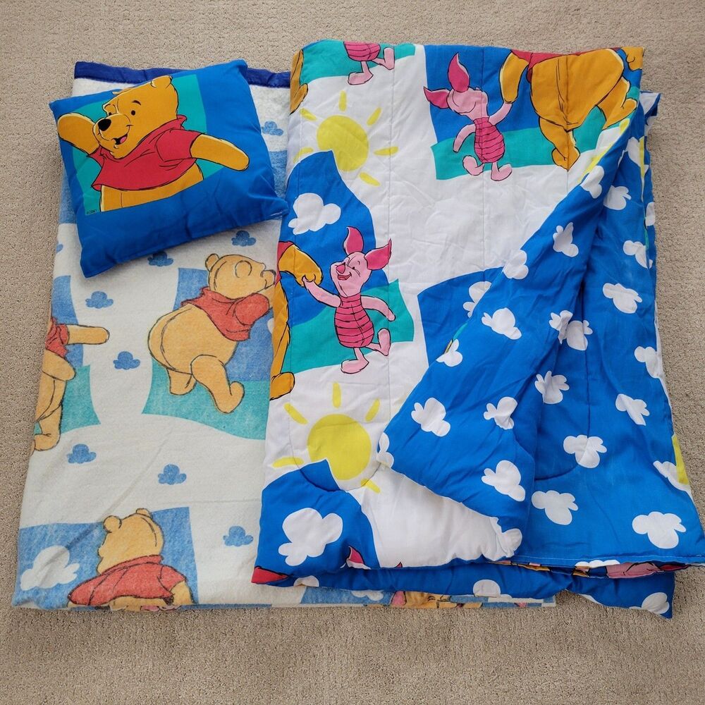 Vintage 90s Winnie The Pooh Clouds Twin Reversible Comforter Blanket Pillow Set